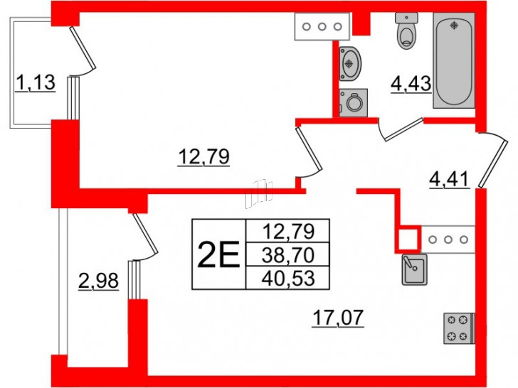 Однокомнатная квартира 42.81 м²