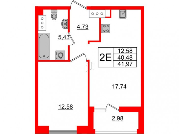 Однокомнатная квартира 43.46 м²