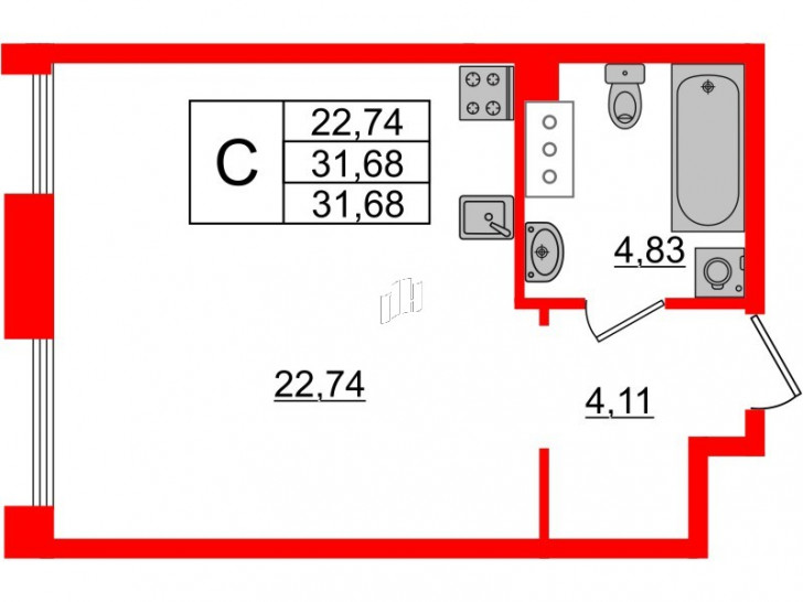 Студия 31.68 м²