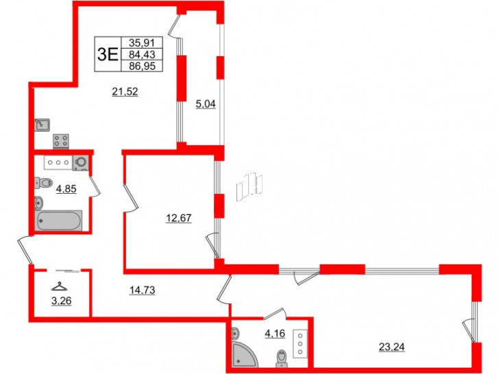 Двухкомнатная квартира 89.47 м²